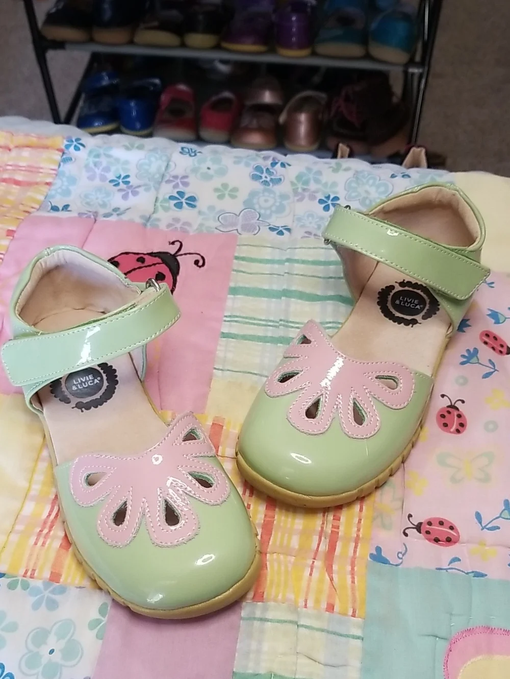 Livie & Luca Patent Leather Mary Janes in Mint Green and Pink Size 12 Petals